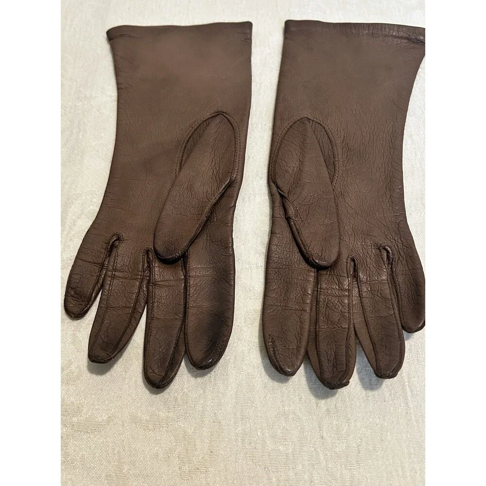 Vtg Mid-Century Women's Brown Leather Dress Gloves Sz 6 Silk Lined Italy WPL9823